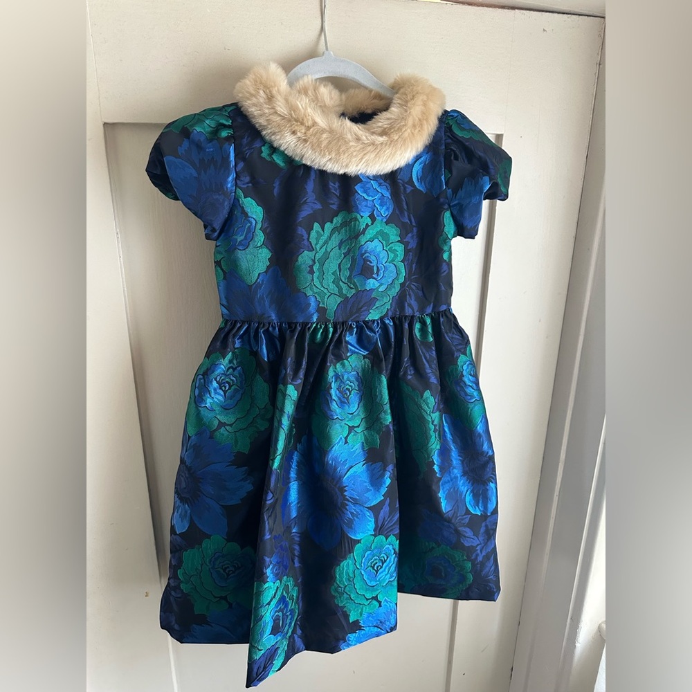 Janie and Jack Blue and Green Dress with Faux Fur